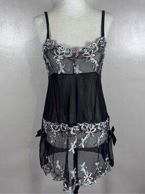 Sz XL Black Lace Chemise Top Sexy Sheer Embroidered Bows Burlesque Lingerie